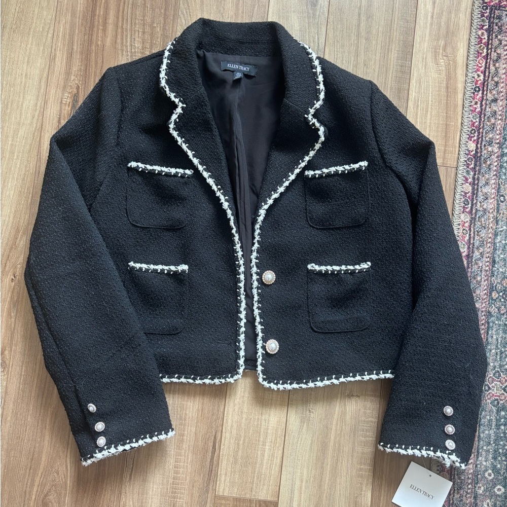 Ellen Tracy Black Tweed Jacket with Contrasting Trim